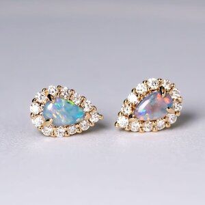 Halo Diamond Pear Shaped Black Opal Stud Earrings 14k Yellow Gold